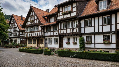Half-Timbered Houses with Flower Gardens on Cobblestone Street