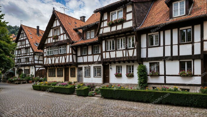 Half-Timbered Houses with Flower Gardens on Cobblestone Street