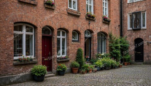 Historic Gothic Brick Facades with Potted Flowers