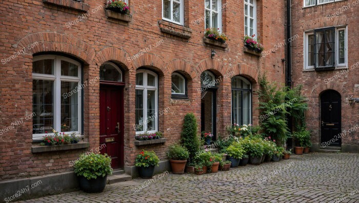 Historic Gothic Brick Facades with Potted Flowers