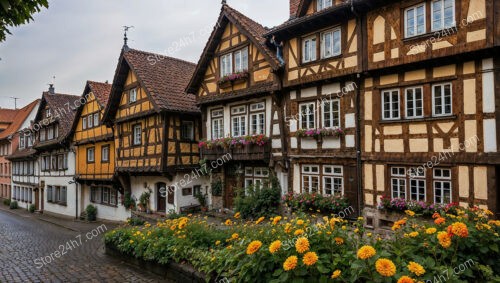 Historic Half-Timbered House with Lush Flower Garden