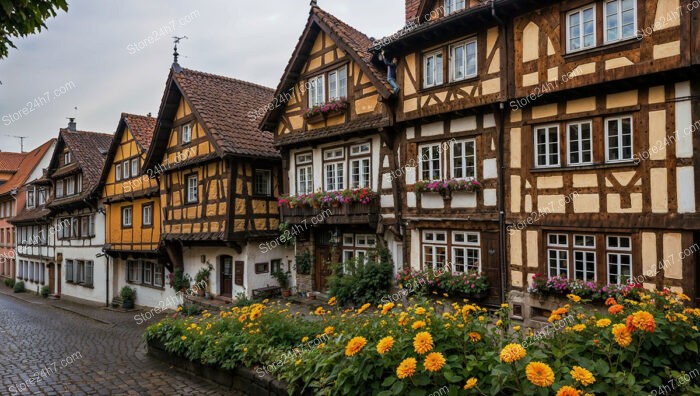 Historic Half-Timbered House with Lush Flower Garden