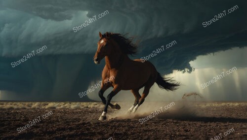 Horse Galloping in Desperate Escape from Sandstorm and Hurricane