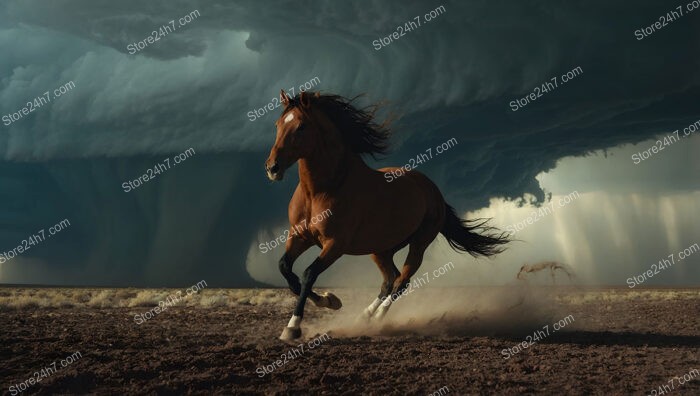 Horse Galloping in Desperate Escape from Sandstorm and Hurricane