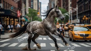 Horse Galloping Through The Bustling Streets of Manhattan