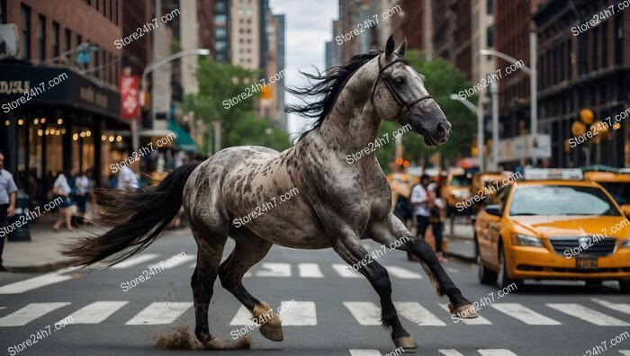 Horse Galloping Through The Bustling Streets of Manhattan