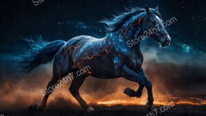 Horse Gallops Across Starry Cosmos Radiating Fiery Cosmic Energy