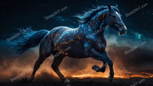 Horse Gallops Across Starry Cosmos Radiating Fiery Cosmic Energy