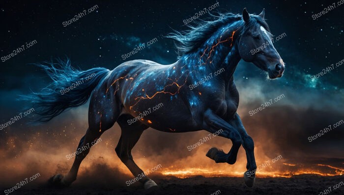 Horse Gallops Across Starry Cosmos Radiating Fiery Cosmic Energy