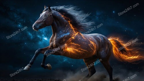 Horse Gallops Through Starry Cosmos Charged with Fiery Energy