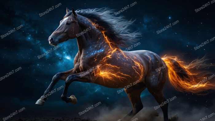 Horse Gallops Through Starry Cosmos Charged with Fiery Energy