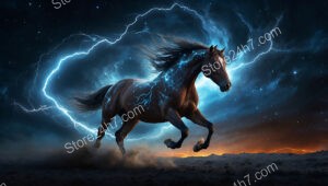 Horse Gallops Through Starry Night Charged with Lightning Energy