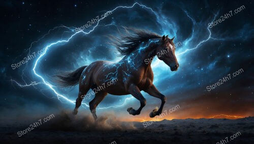 Horse Gallops Through Starry Night Charged with Lightning Energy