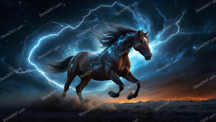 Horse Gallops Through Starry Night Charged with Lightning Energy