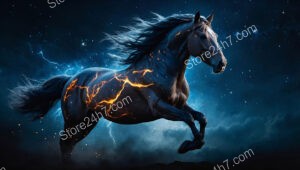 Horse Gallops Through Starry Night, Radiating Cosmic Fiery Energy