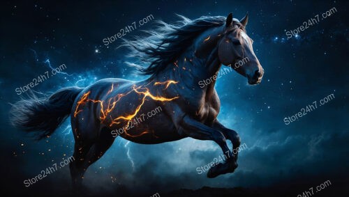 Horse Gallops Through Starry Night, Radiating Cosmic Fiery Energy