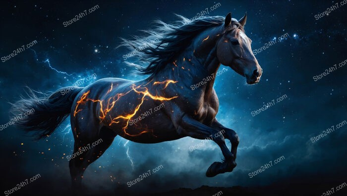 Horse Gallops Through Starry Night, Radiating Cosmic Fiery Energy