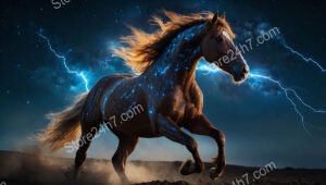 Horse Gallops Through Starry Night with Cosmic Energy Glow