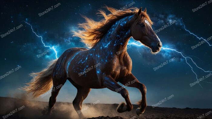 Horse Gallops Through Starry Night with Cosmic Energy Glow