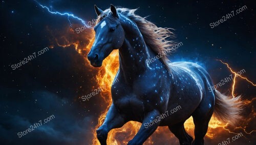 Horse Illuminated by Cosmic Energy Gallops Through Starry Night