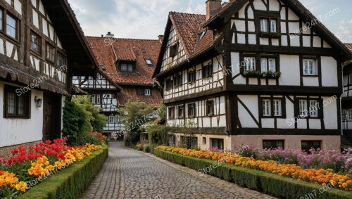 Idyllic German Village Street with Flower-Adorned Half-Timbered Houses