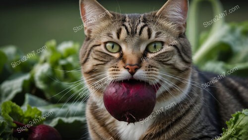 Inquisitive Cat Savors a Fresh and Juicy Red Beet