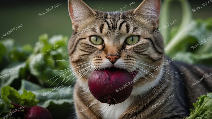 Inquisitive Cat Savors a Fresh and Juicy Red Beet