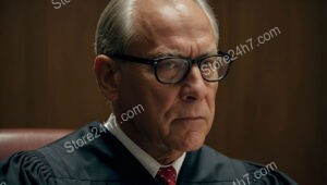 Judge's Stern Gaze Embodies Seriousness in Courtroom Proceedings