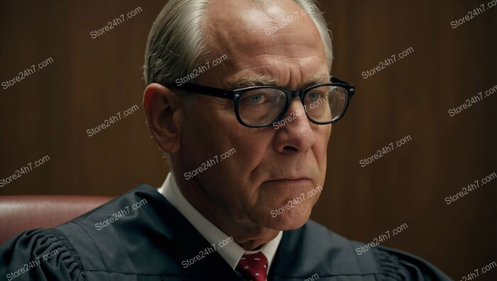 Judge's Stern Gaze Embodies Seriousness in Courtroom Proceedings