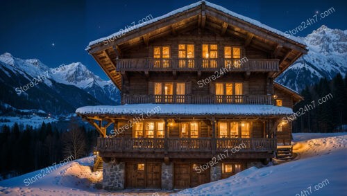 Large Alpine Chalet Illuminated Against a Starry Night Sky