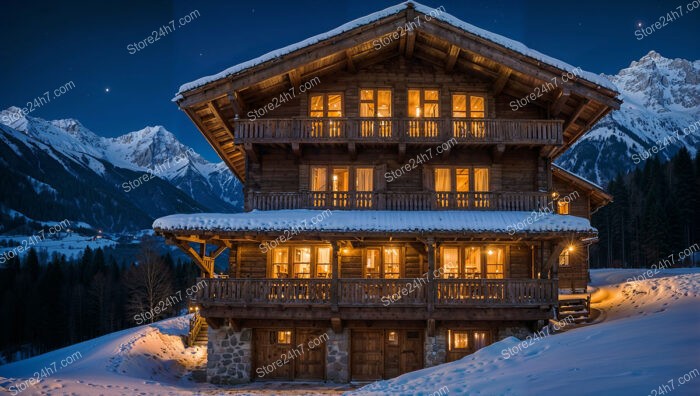 Large Alpine Chalet Illuminated Against a Starry Night Sky