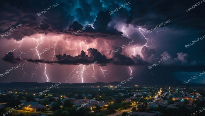 Lightning Dance in the Night Sky Over a Town