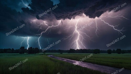 Lightning Illuminates a Field During a Powerful Storm