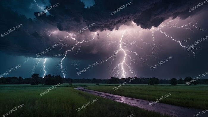 Lightning Illuminates a Field During a Powerful Storm