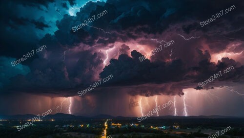 Lightning Illuminates Night Sky Above Distant Townscape