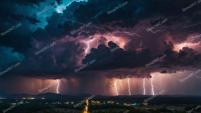 Lightning Illuminates Night Sky Above Distant Townscape