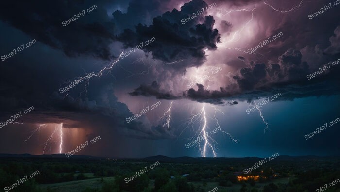 Lightning Strikes Illuminate the Stormy Night Sky Dramatically