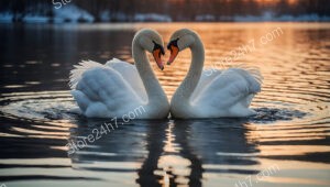 Loving Swans Creating Heart Shape Amidst Serene Sunset Waters