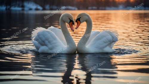 Loving Swans Creating Heart Shape Amidst Serene Sunset Waters