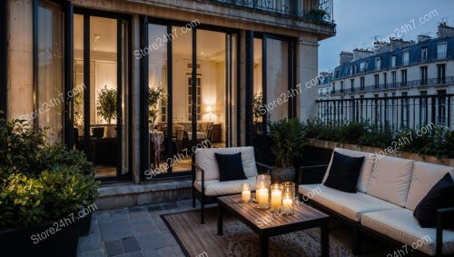 Luxurious French City Apartment Terrace with Evening Ambiance