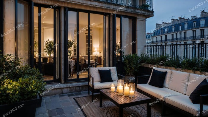 Luxurious French City Apartment Terrace with Evening Ambiance