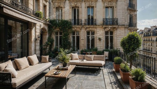 Luxurious French Terrace with Elegant Architecture and Greenery