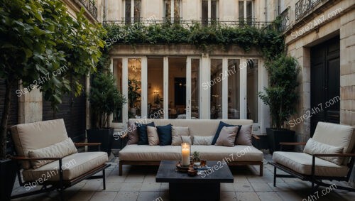 Luxurious French Terrace with Greenery and Plush Seating