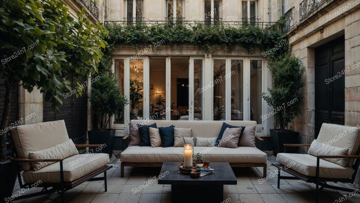 Luxurious French Terrace with Greenery and Plush Seating