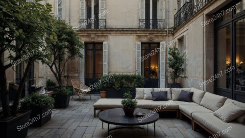 Luxurious French Terrace with Plush Seating and Greenery