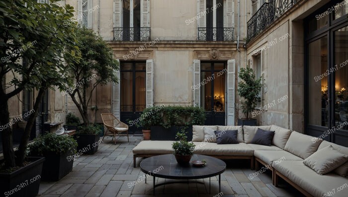 Luxurious French Terrace with Plush Seating and Greenery