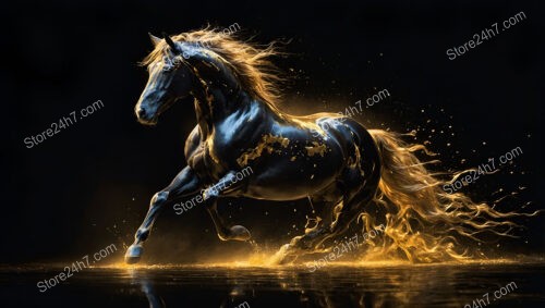 Majestic Black Horse Gallops Through Golden Aura and Splashes