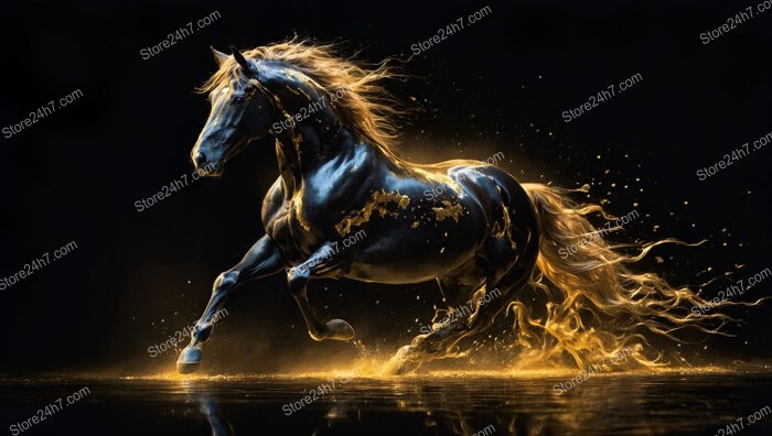 Majestic Black Horse Gallops Through Golden Aura and Splashes