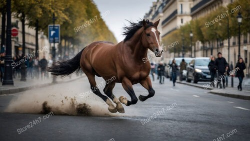 Majestic Horse Galloping Freely Through Bustling City Streets