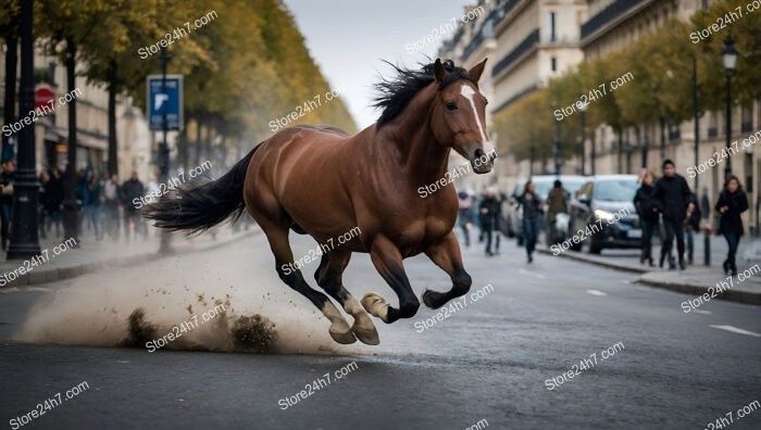 Majestic Horse Galloping Freely Through Bustling City Streets